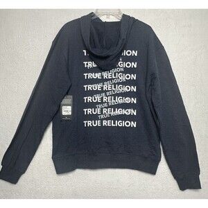 True Religion Jeans Hoodie Pullover Blue Horseshoe Logo Spelled‎ Out Size L NWT